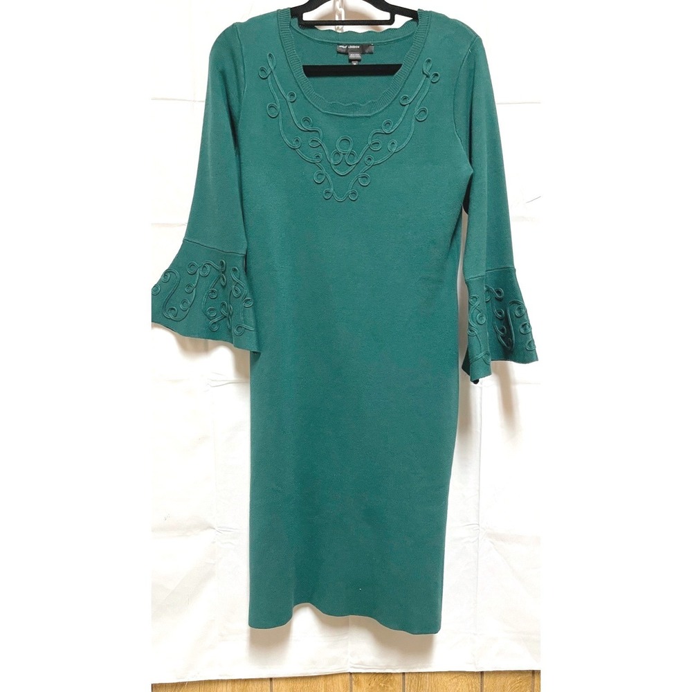 Maggy London Green Knit Sweater Dress Bell Sleeve Embroidered XL